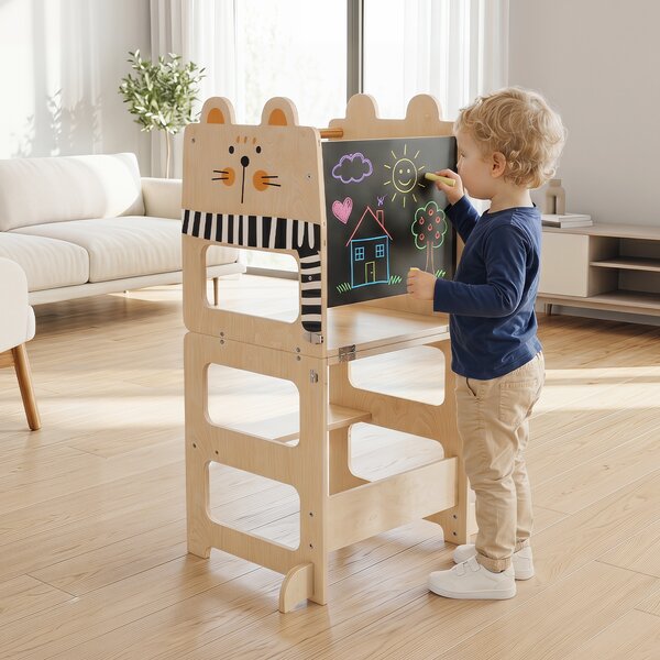 Costway Torre montessoriana pieghevole con lavagna e tavolo-sedia, Torre di apprendimento gatto cucina-bagno legno da 18 mesi