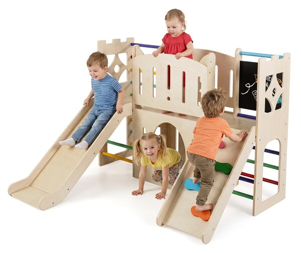 Costway Parco giochi in legno a tema castello con scivolo e fori per strisciare, Scivolo per bambini 8-in-1 con nascondigli Colorato