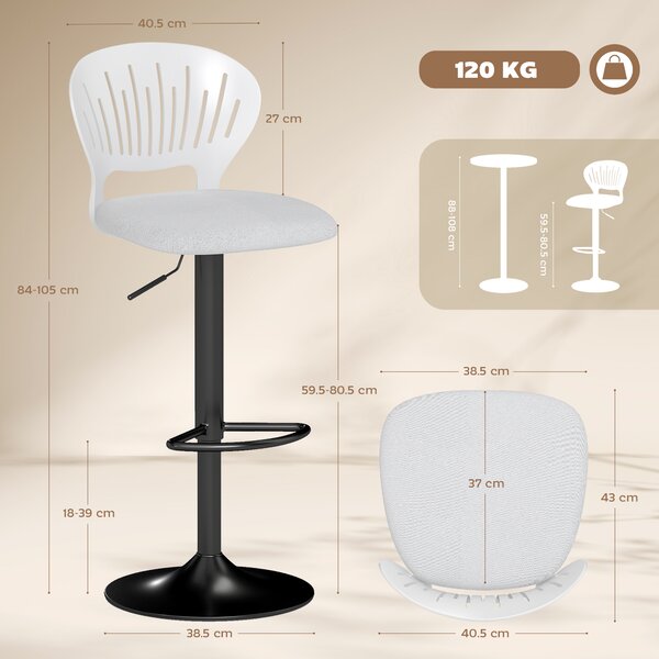 HOMCOM Set di 2 Sgabelli da Bar Girevoli a 360° Regolabili in Altezza 84-105 cm con Schienale Traforato e Poggiapiedi, Bianco | Aosom Italy