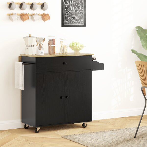 HOMCOM Carrello cucina con cassetto, armadietto e barra portasciugamani, nero e quercia | Aosom Italy