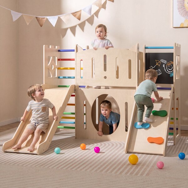 Costway Parco giochi in legno a tema castello con scivolo e fori per strisciare, Scivolo per bambini 8-in-1 con nascondigli Colorato