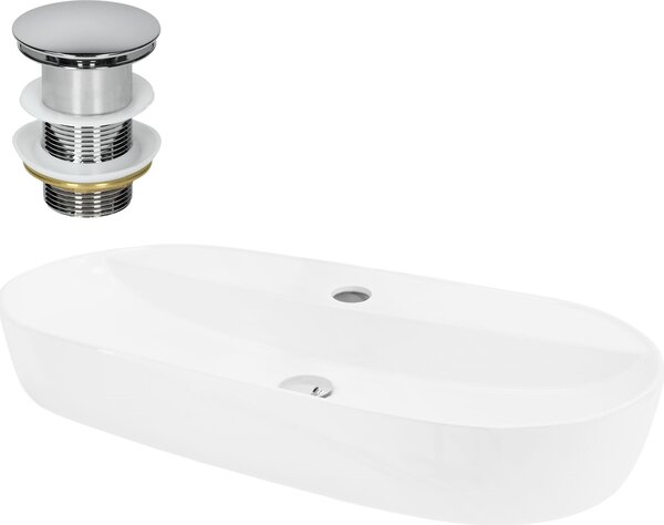 Lavabo LuxeBath Lavabo da appoggio ovale, 80x40x12 cm, bianco, Vetroceramica, incl. set di scarico senza troppopieno