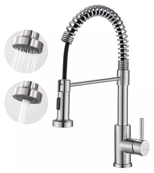 Miscelatore per cucina - Miscelatore per lavello - Acciaio inossidabile - Girevole a 360° - Doccetta estraibile con 2 tipi di getto - Miscelatore monocomando per acqua calda e fredda - Argento