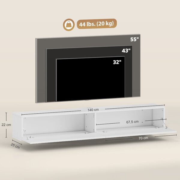 HOMCOM Mobile TV sospeso per TV fino 183 cm con 2 ante ribaltabili, 140x25x22 cm, bianco | Aosom Italy