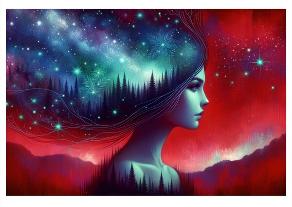 Quadro su tela – Donna con paesaggio stellato