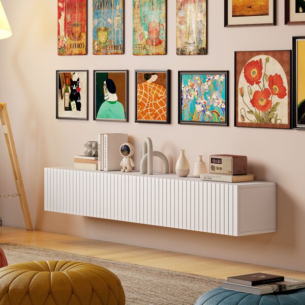 HOMCOM Mobile TV sospeso per TV fino 183 cm con 2 ante ribaltabili, 140x25x22 cm, bianco | Aosom Italy