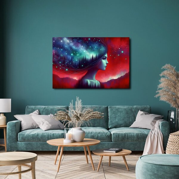 Quadro su tela – Donna con paesaggio stellato