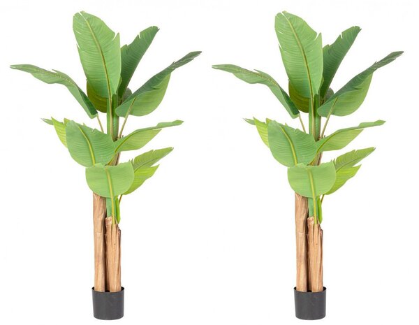 Set 2 Piante Artificiali di Banano 90x110x150 cm in Plastica con Vasi Verde