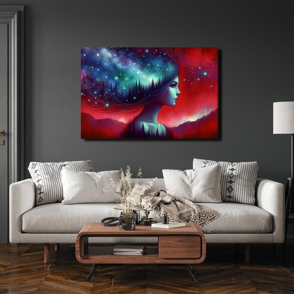 Quadro su tela – Donna con paesaggio stellato