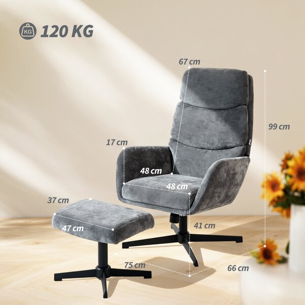 HOMCOM Poltrona Imbottita con Poggiapiedi, Poltrona Lounge con Schienale Alto, Base in Metallo, per Soggiorno e Camera da Letto, Grigio | Aosom Italy