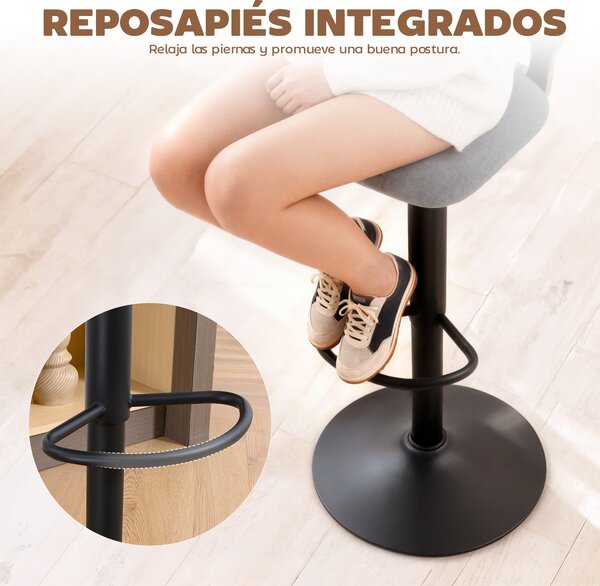 HOMCOM Set di 2 Sgabelli da Bar Girevoli a 360° Regolabili in Altezza 84-105 cm con Schienale Traforato e Poggiapiedi, Grigio | Aosom Italy