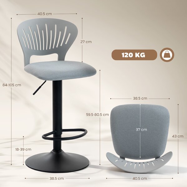 HOMCOM Set di 2 Sgabelli da Bar Girevoli a 360° Regolabili in Altezza 84-105 cm con Schienale Traforato e Poggiapiedi, Grigio | Aosom Italy