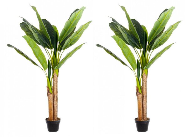 Set 2 Piante Artificiali di Banano 135 cm in Plastica con Vasi Verde