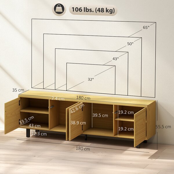 HOMCOM Mobile TV 180 cm, Mobile per Televisori da 208,3 cm con 4 Ante ad Apertura a Pressione, 180x35x55,5 cm, Effetto Legno Naturale | Aosom Italy