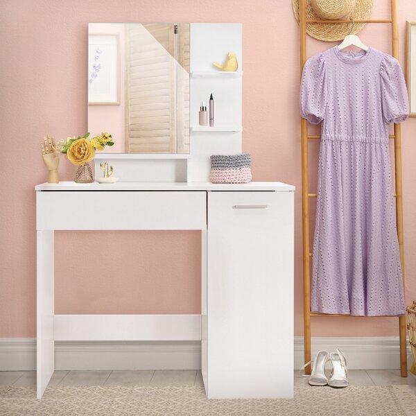ML-Design tavolo da toilette bianco con specchio, tavolo da toilette con cassetto, 90x38x138 cm, bianco, moderno, tavolo cosmetico con mobile base