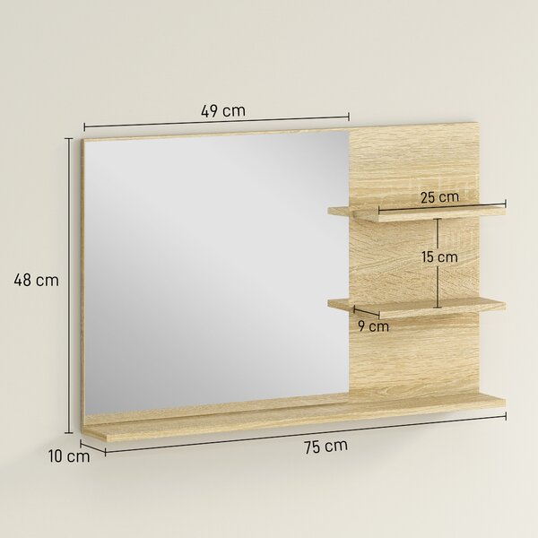 Kleankin Specchio Bagno Moderno con 2 Ripiani Laterali e Ripiano Inferiore, in Legno e Vetro, 75x10x48 cm, Color Legno | Aosom Italy