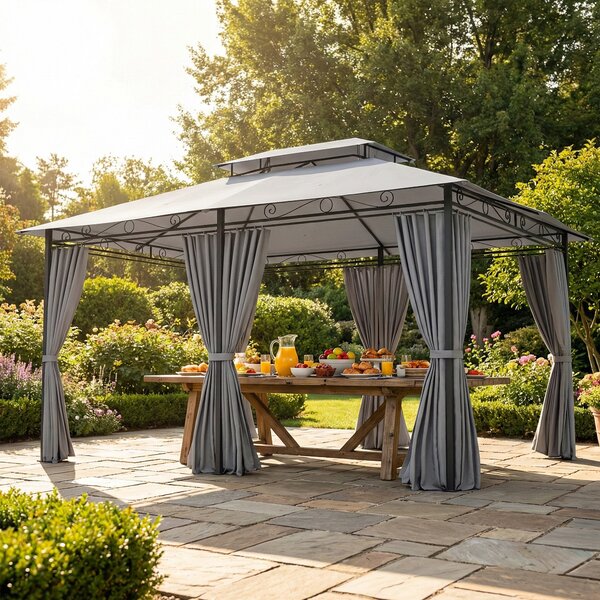 Outsunny Gazebo da Giardino con Tende, Tetto Ventilato, Grigio Scuro | Aosom Italy