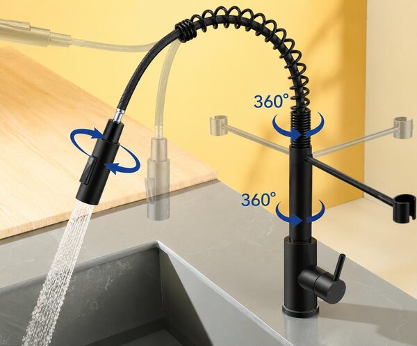 Miscelatore da cucina nero AjieQaQ, con meccanismo a molla a spirale in acciaio inossidabile 304, 2 tipi di getto, girevole a 360°, miscelatore monocomando