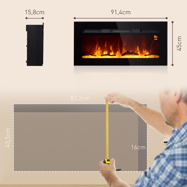 HOMCOM Camino Elettrico 1800W Regolabile con Telecomando, in Acciaio e Vetro Temperato, 91.4x15.8x45 cm, Nero