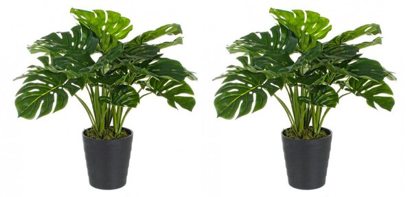Set 2 Piante Artificiali di Filodendro 60x60x65 cm in Plastica con Vasi Verde