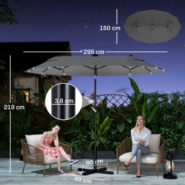 Outsunny Ombrellone doppio con Base a crocee Luci Solari, 295x150x219cm, Grigio|Aosom