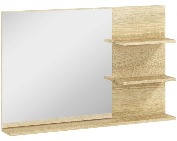Kleankin Specchio Bagno Moderno con 2 Ripiani Laterali e Ripiano Inferiore, in Legno e Vetro, 75x10x48 cm, Color Legno | Aosom Italy