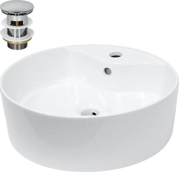 Lavabo LuxeBath Lavabo da appoggio rotondo, Ø 46x15,5 cm, bianco, in Vetroceramica, incl. set di scarico con troppopieno