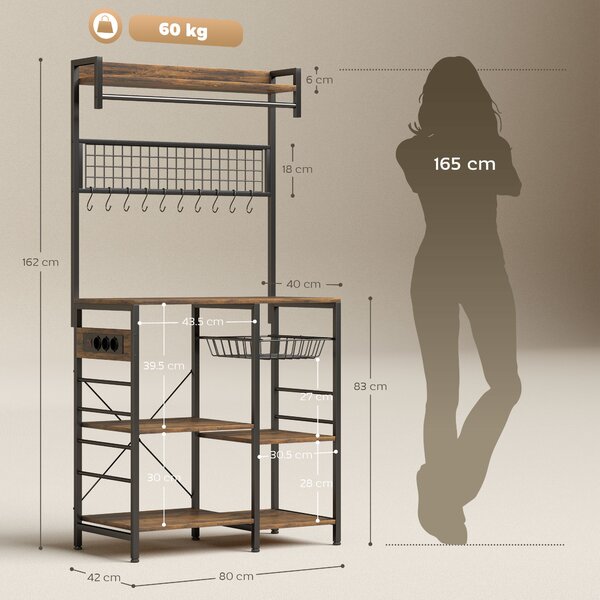 HOMCOM Scaffale da Cucina con 3 Prese e Luci LED Industriale con Ripiani per Microonde, 80x42x162 cm, Marrone Rustico | Aosom Italy
