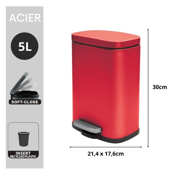Cestino per la spazzatura rosso in acciaio con pedale 5 l Akira – Spirella