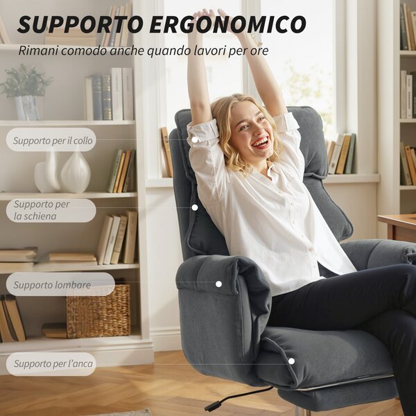 HOMCOM Sedia da Ufficio Girevole Reclinabile a 3 Livelli con Doppia Imbottitura, Poggiapiedi, in Flanella, Grigio Scuro | Aosom Italy
