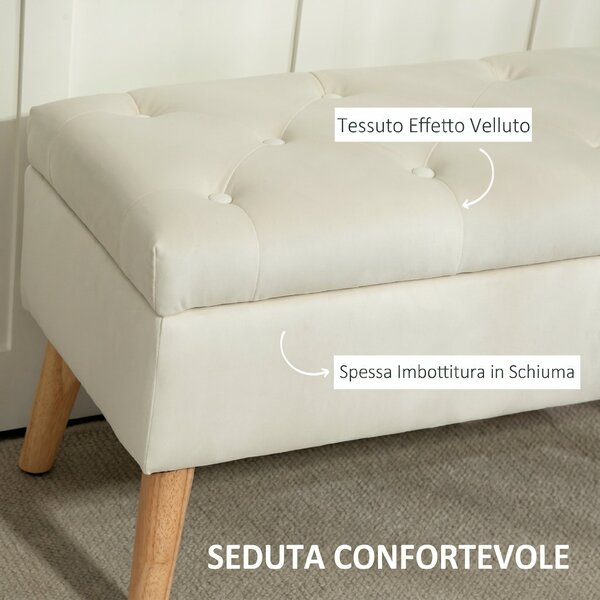 HOMCOM Cassapanca Pouf Contenitore Poggiapiedi 80x35x42 cm in Velluto, Gambe in Legno di Caucciù, Crema | Aosom Italy