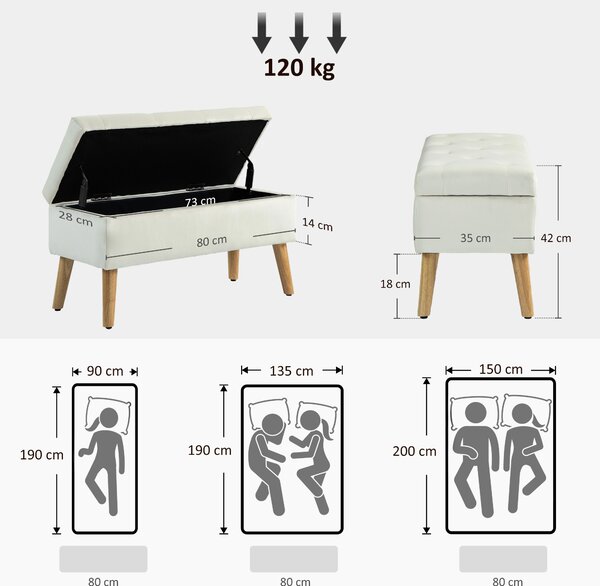 HOMCOM Cassapanca Pouf Contenitore Poggiapiedi 80x35x42 cm in Velluto, Gambe in Legno di Caucciù, Crema | Aosom Italy