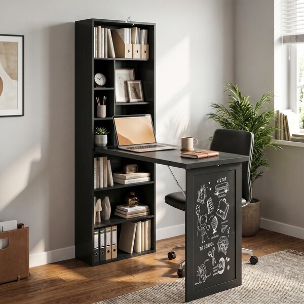 HOMCOM Scrivania Moderna Pieghevole con Libreria e Lavagna, in Legno e Metallo, 98x51x153 cm, Nero | Aosom Italy