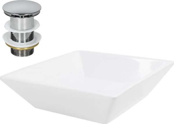 LuxeBath lavabo Lavabo da appoggio quadrato, 41x41x12 cm, bianco, in Vetroceramica, incl. set di scarico senza troppopieno
