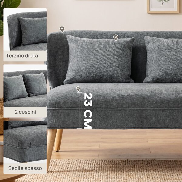 HOMCOM Divano 2 Posti in Ciniglia con Seduta Ampia, Imbottitura Spessa, 2 Cuscini, Gambe in Legno Caucciù, Grigio | Aosom Italy