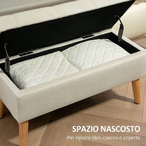 HOMCOM Cassapanca Pouf Contenitore Poggiapiedi 80x35x42 cm in Velluto, Gambe in Legno di Caucciù, Crema | Aosom Italy