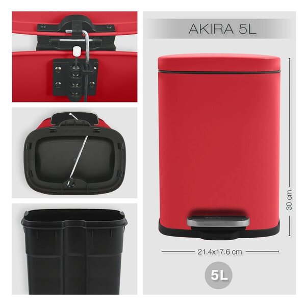 Cestino per la spazzatura rosso in acciaio con pedale 5 l Akira – Spirella