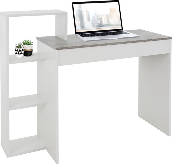 ML-Design scrivania con ripiano, scrivania per computer, bianca con piano in cemento, 3 ripiani, 110x72x40 cm, legno, sistema 2 in 1, per la casa