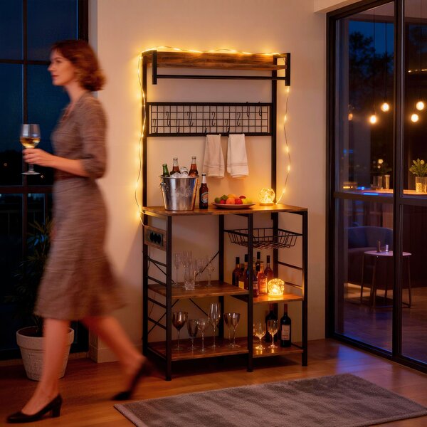 HOMCOM Scaffale da Cucina con 3 Prese e Luci LED Industriale con Ripiani per Microonde, 80x42x162 cm, Marrone Rustico | Aosom Italy