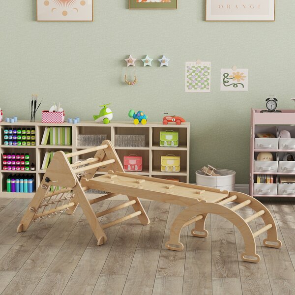 AIYAPLAY Triangolo da arrampicata bambini 8 in 1 con rampa doppia, scivolo e scala, 191.5x74.5x63 cm, naturale | Aosom Italy