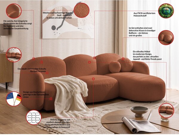Divano angolare color terracotta (con penisola a destra/con chaise lounge) con rivestimento in bouclé Orbit – Ropez