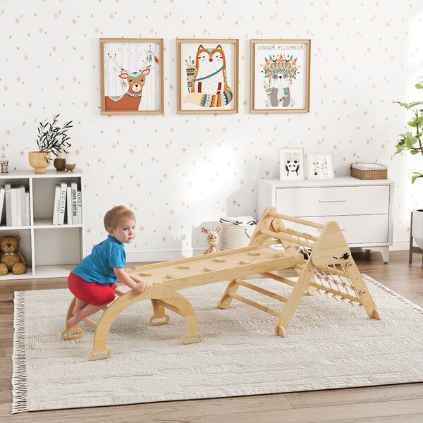 AIYAPLAY Triangolo da arrampicata bambini 8 in 1 con rampa doppia, scivolo e scala, 191.5x74.5x63 cm, naturale | Aosom Italy