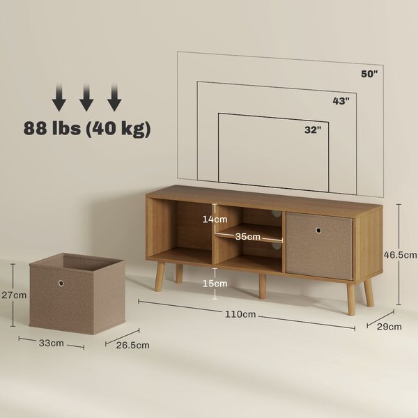 HOMCOM Mobile TV per Televisori con 2 Cassetti in Tessuto e Ripiani Aperti, fino a 50 Pollici, 110x29x46.5 cm, Legno e Marrone | Aosom Italy