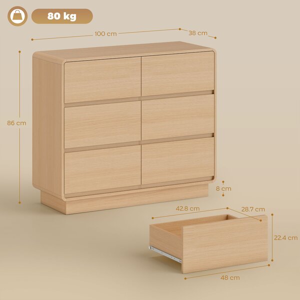 HOMCOM Credenza con 6 cassetti per cucina, soggiorno, mobile buffet per sala da pranzo, 100x38x86 cm, legno naturale | Aosom Italy