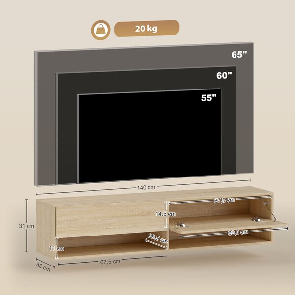 HOMCOM Mobile Sospeso per TV con 2 Cassetti Ribaltabili e 2 Ripiani Aperti, 140x32x31 cm, Legno naturale | Aosom Italy