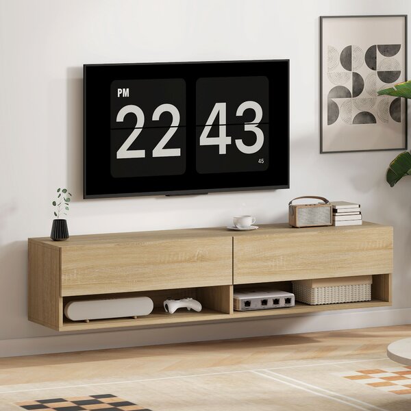 HOMCOM Mobile Sospeso per TV con 2 Cassetti Ribaltabili e 2 Ripiani Aperti, 140x32x31 cm, Legno naturale | Aosom Italy