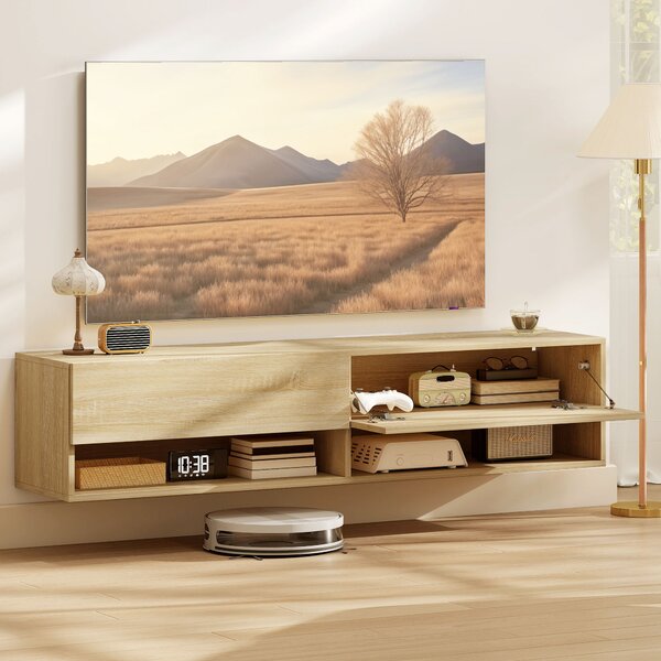 HOMCOM Mobile Sospeso per TV con 2 Cassetti Ribaltabili e 2 Ripiani Aperti, 140x32x31 cm, Legno naturale | Aosom Italy