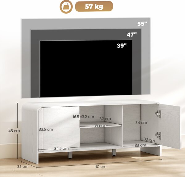 HOMCOM Mobile TV per televisore con 2 ante, 2 scomparti e ripiano regolabile, 110x35x45cm, bianco | Aosom Italy