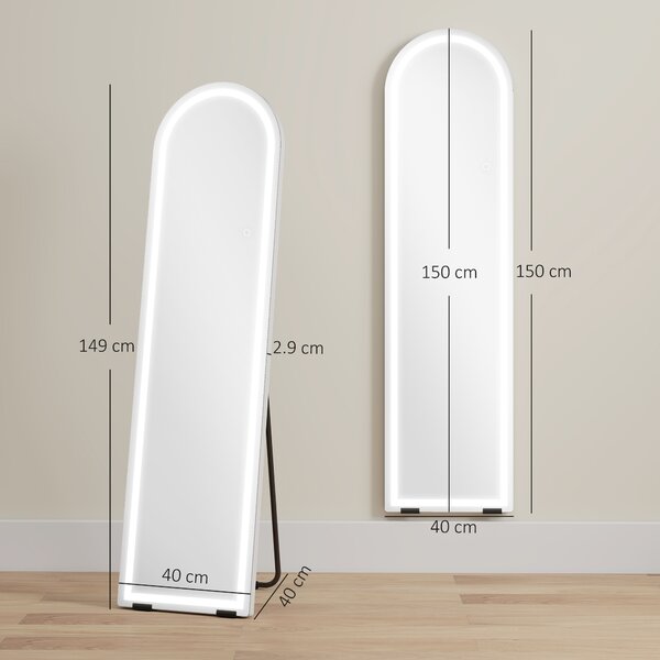 HOMCOM Specchio a figura con luci LED e 3 temperature colore, autoportante o montaggio a parete, 40x2,9x150 cm, Bianco | Aosom Italy