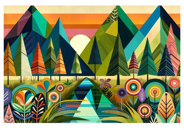 Quadro su tela – Montagne e alberi colorati